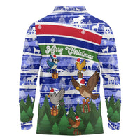Gambia Christmas Long Sleeve Polo Shirt with Santa Birds Gift Boxes Forest Scene and Snowflake Pattern Design - Wonder Print Shop