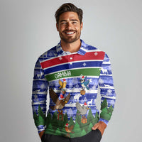 Gambia Christmas Long Sleeve Polo Shirt with Santa Birds Gift Boxes Forest Scene and Snowflake Pattern Design - Wonder Print Shop