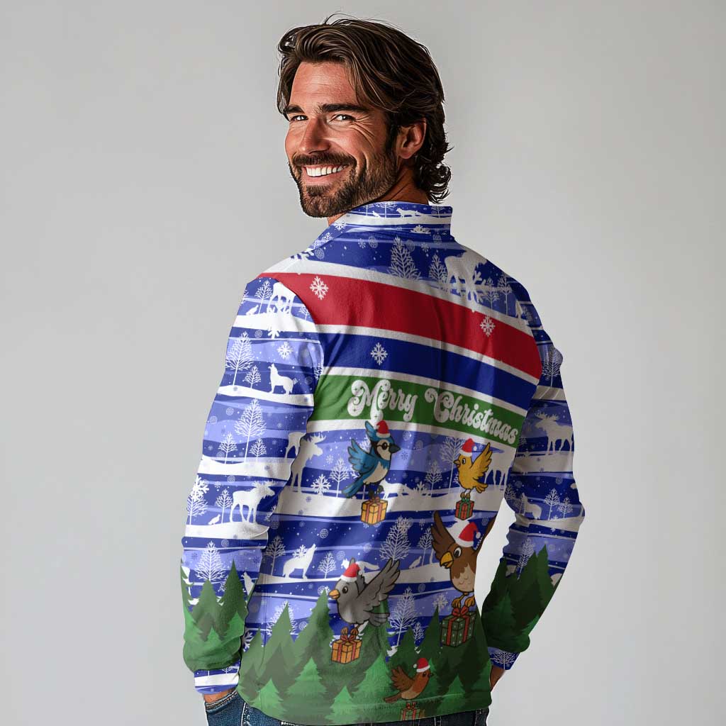 Gambia Christmas Long Sleeve Polo Shirt with Santa Birds Gift Boxes Forest Scene and Snowflake Pattern Design - Wonder Print Shop