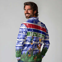 Gambia Christmas Long Sleeve Polo Shirt with Santa Birds Gift Boxes Forest Scene and Snowflake Pattern Design - Wonder Print Shop