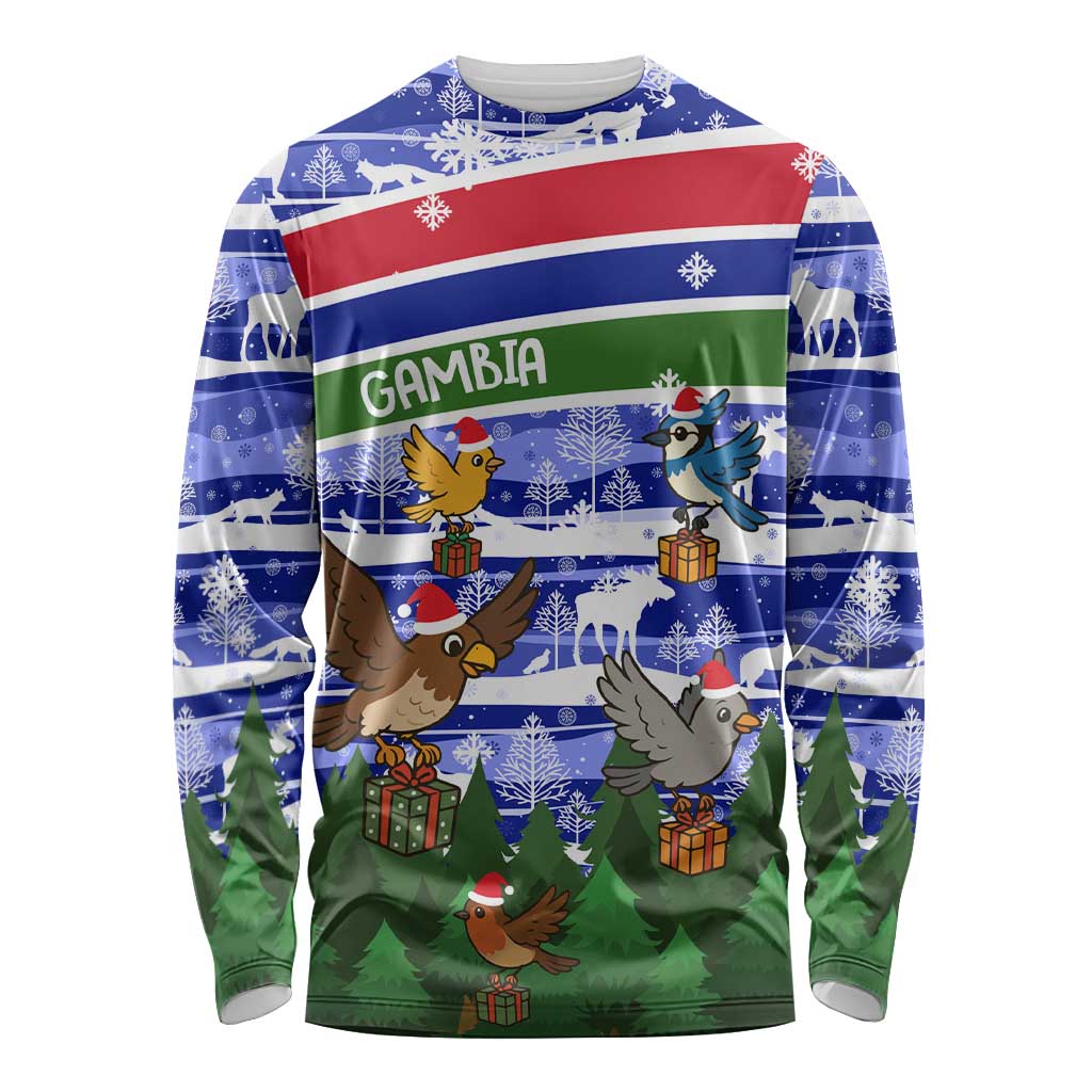 Gambia Christmas Long Sleeve Shirt with Santa Birds Gift Boxes Forest Scene and Snowflake Pattern Design - Wonder Print Shop