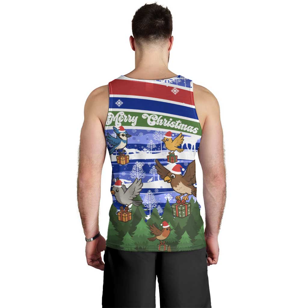Gambia Christmas Men Tank Top with Santa Birds Gift Boxes Forest Scene and Snowflake Pattern Design - Wonder Print Shop
