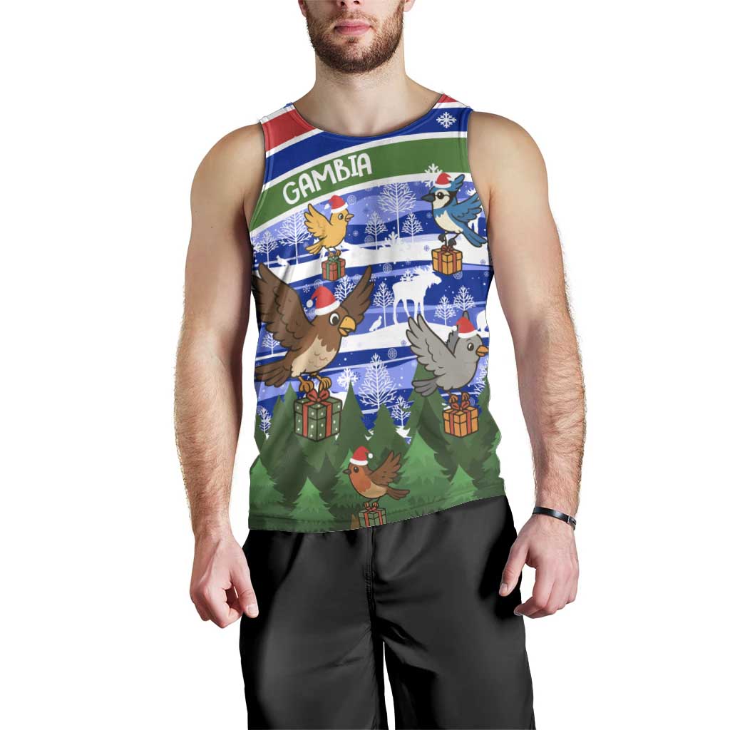 Gambia Christmas Men Tank Top with Santa Birds Gift Boxes Forest Scene and Snowflake Pattern Design - Wonder Print Shop