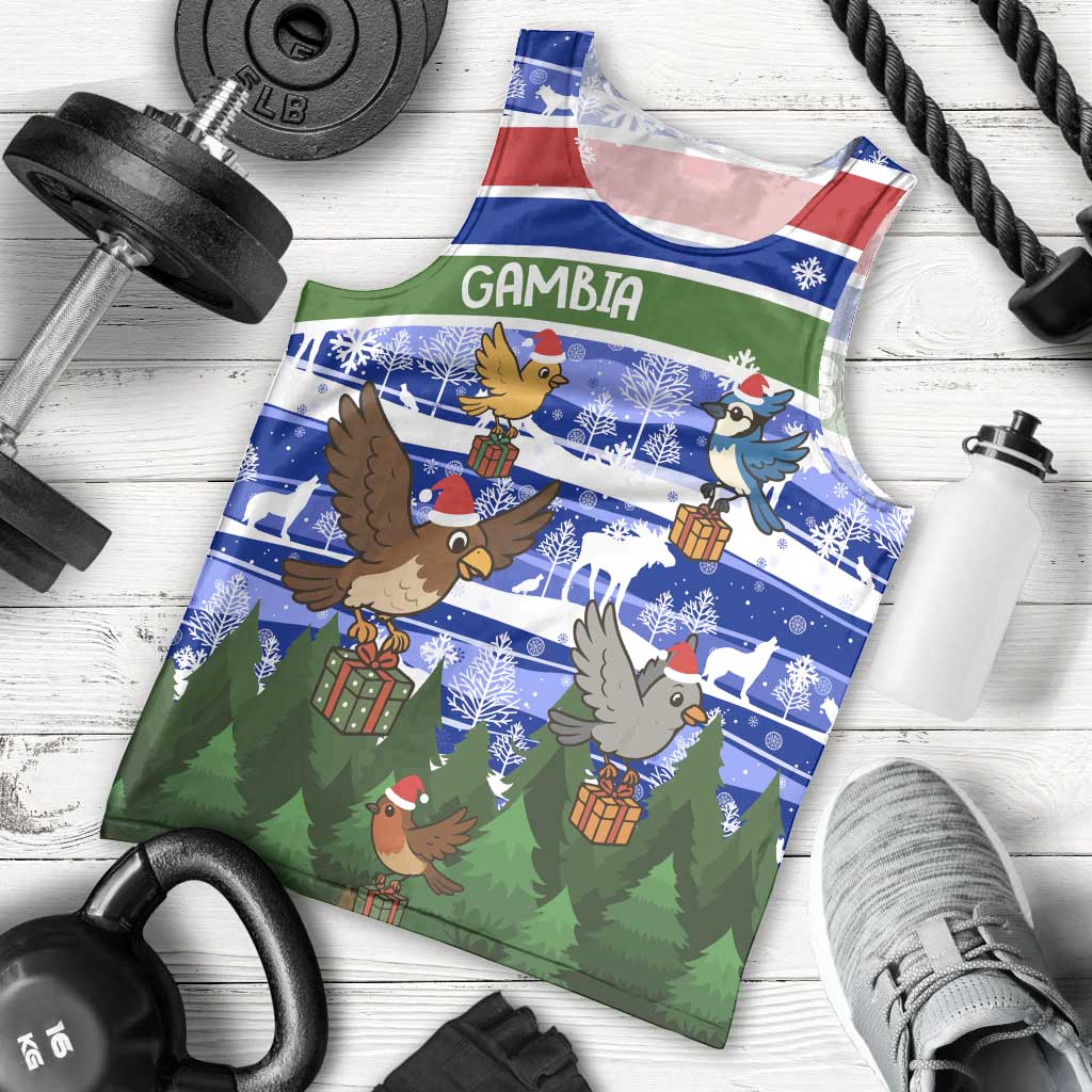 Gambia Christmas Men Tank Top with Santa Birds Gift Boxes Forest Scene and Snowflake Pattern Design - Wonder Print Shop