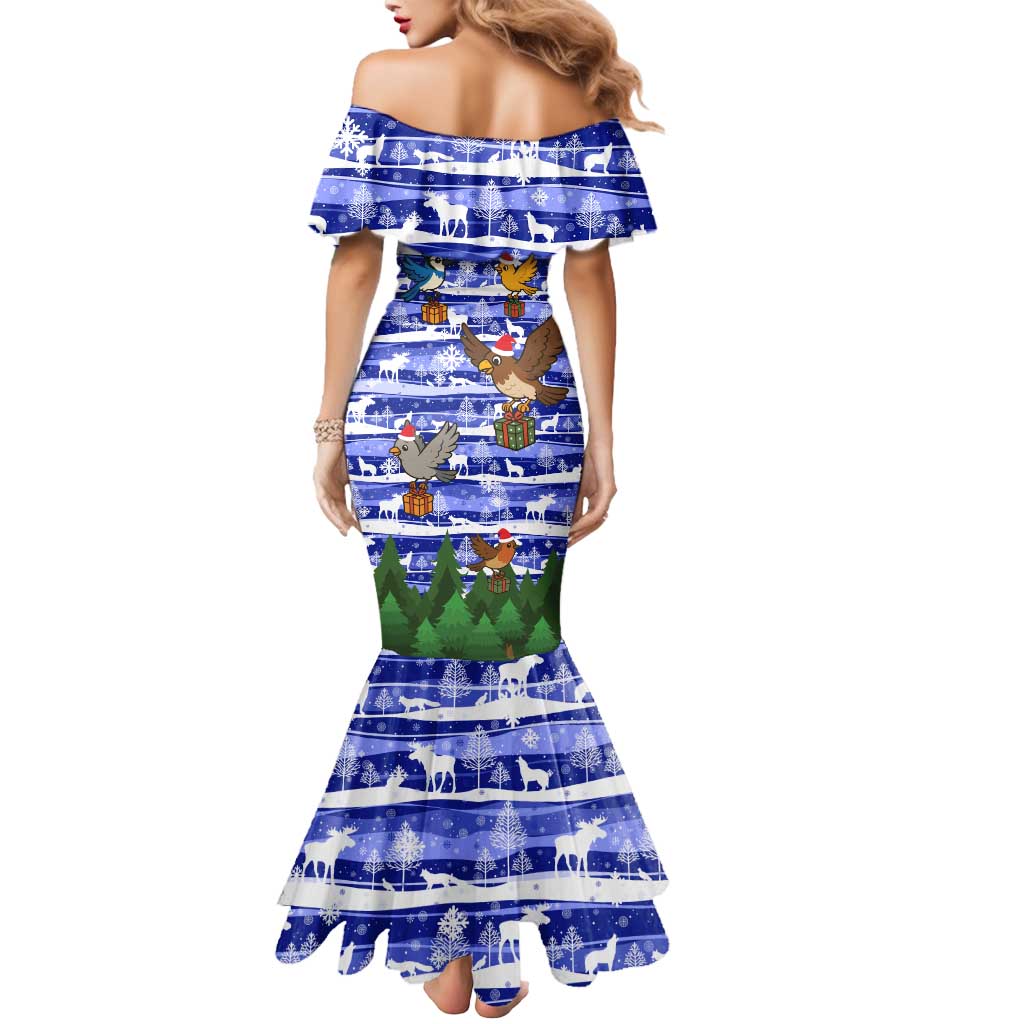 Gambia Christmas Mermaid Dress with Santa Birds Gift Boxes Forest Scene and Snowflake Pattern Design - Wonder Print Shop