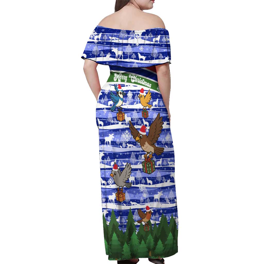 Gambia Christmas Off Shoulder Maxi Dress with Santa Birds Gift Boxes Forest Scene and Snowflake Pattern Design - Wonder Print Shop