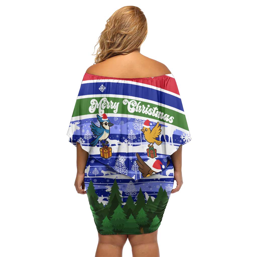 Gambia Christmas Off Shoulder Short Dress with Santa Birds Gift Boxes Forest Scene and Snowflake Pattern Design - Wonder Print Shop
