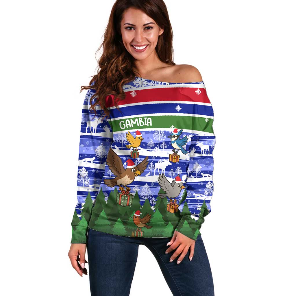 Gambia Christmas Off Shoulder Sweater with Santa Birds Gift Boxes Forest Scene and Snowflake Pattern Design - Wonder Print Shop