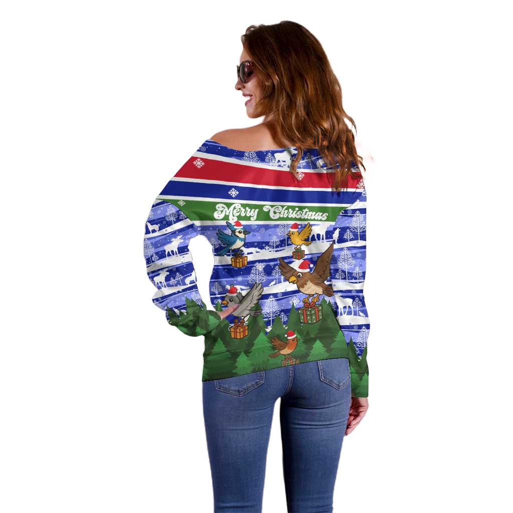 Gambia Christmas Off Shoulder Sweater with Santa Birds Gift Boxes Forest Scene and Snowflake Pattern Design - Wonder Print Shop