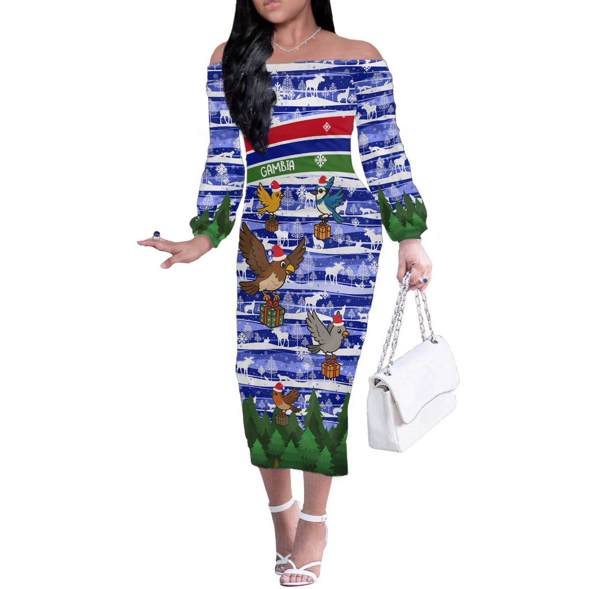 Gambia Christmas Off The Shoulder Long Sleeve Dress with Santa Birds Gift Boxes Forest Scene and Snowflake Pattern Design - Wonder Print Shop