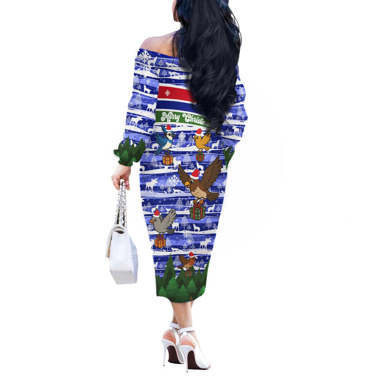 Gambia Christmas Off The Shoulder Long Sleeve Dress with Santa Birds Gift Boxes Forest Scene and Snowflake Pattern Design - Wonder Print Shop
