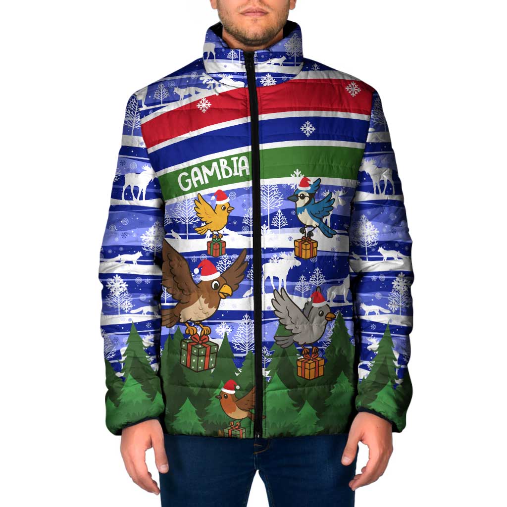 Gambia Christmas Padded Jacket with Santa Birds Gift Boxes Forest Scene and Snowflake Pattern Design - Wonder Print Shop