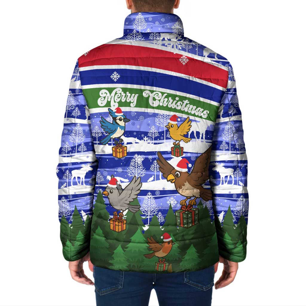 Gambia Christmas Padded Jacket with Santa Birds Gift Boxes Forest Scene and Snowflake Pattern Design - Wonder Print Shop
