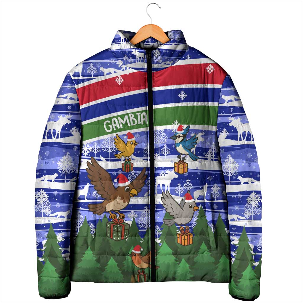 Gambia Christmas Padded Jacket with Santa Birds Gift Boxes Forest Scene and Snowflake Pattern Design - Wonder Print Shop