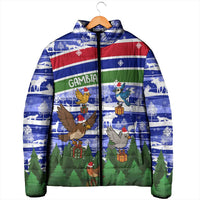 Gambia Christmas Padded Jacket with Santa Birds Gift Boxes Forest Scene and Snowflake Pattern Design - Wonder Print Shop