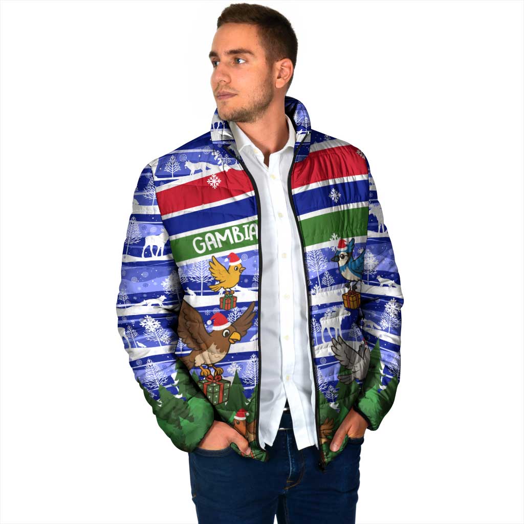 Gambia Christmas Padded Jacket with Santa Birds Gift Boxes Forest Scene and Snowflake Pattern Design - Wonder Print Shop