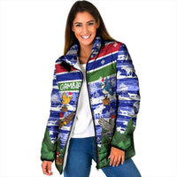 Gambia Christmas Padded Jacket with Santa Birds Gift Boxes Forest Scene and Snowflake Pattern Design - Wonder Print Shop