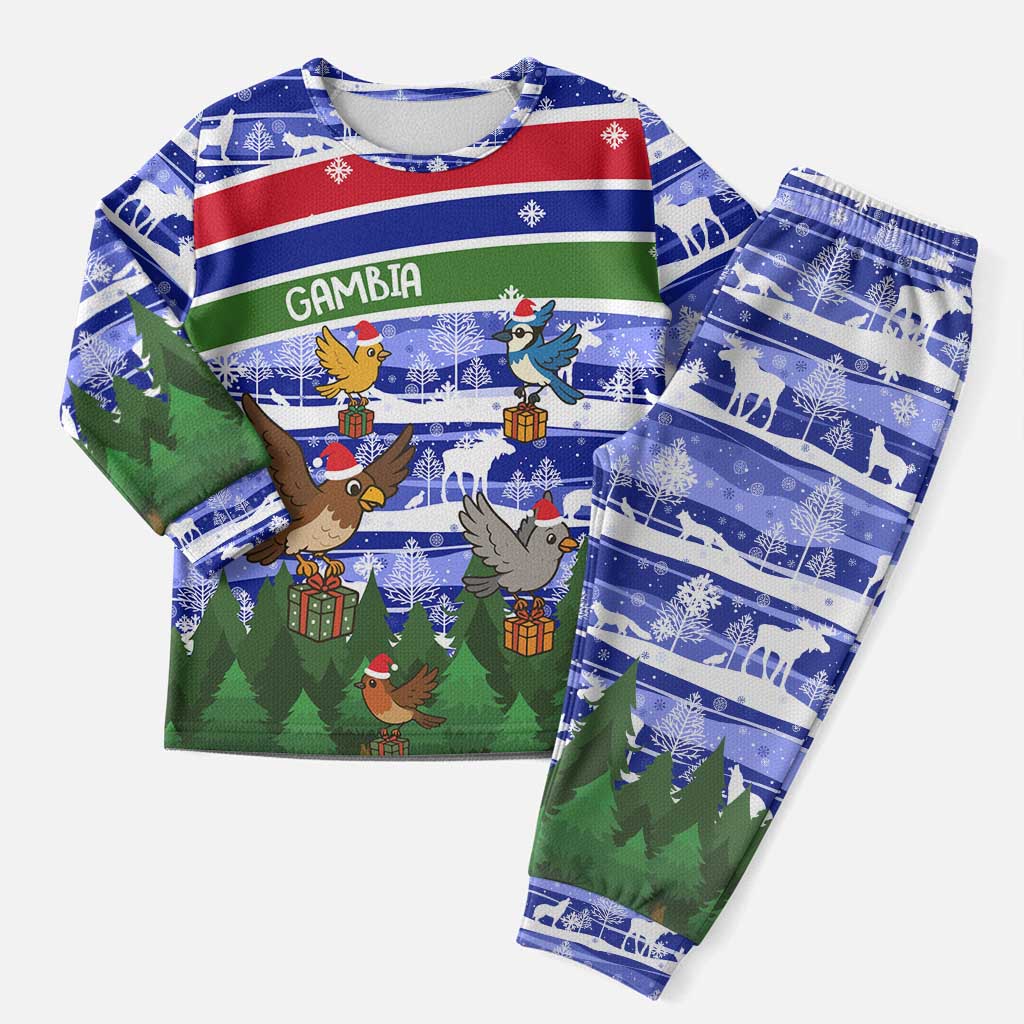 Gambia Christmas Pajama Set with Santa Birds Gift Boxes Forest Scene and Snowflake Pattern Design - Wonder Print Shop