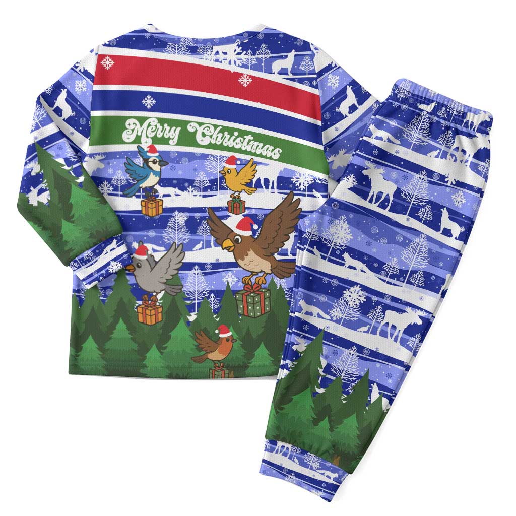 Gambia Christmas Pajama Set with Santa Birds Gift Boxes Forest Scene and Snowflake Pattern Design - Wonder Print Shop