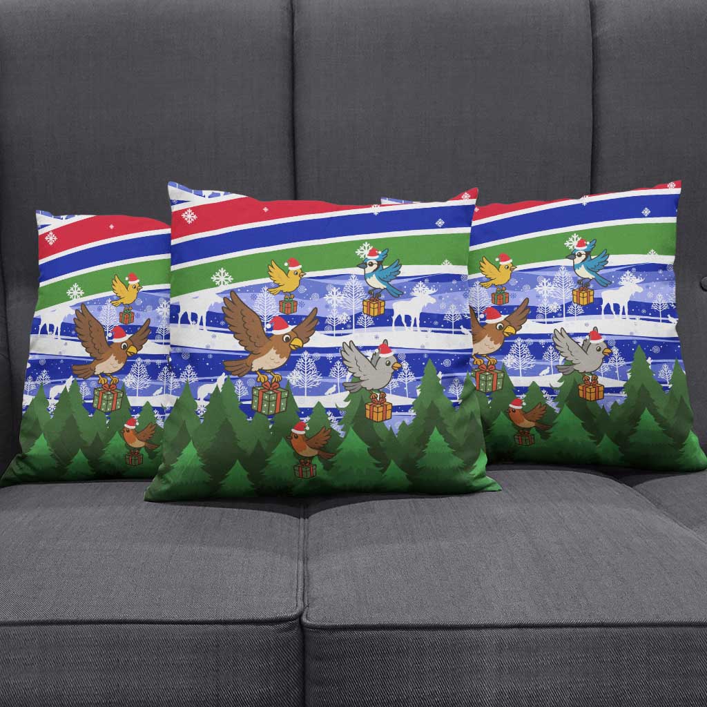Gambia Christmas Pillow Cover with Santa Birds Gift Boxes Forest Scene and Snowflake Pattern Design - Wonder Print Shop