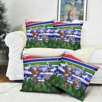 Gambia Christmas Pillow Cover with Santa Birds Gift Boxes Forest Scene and Snowflake Pattern Design - Wonder Print Shop