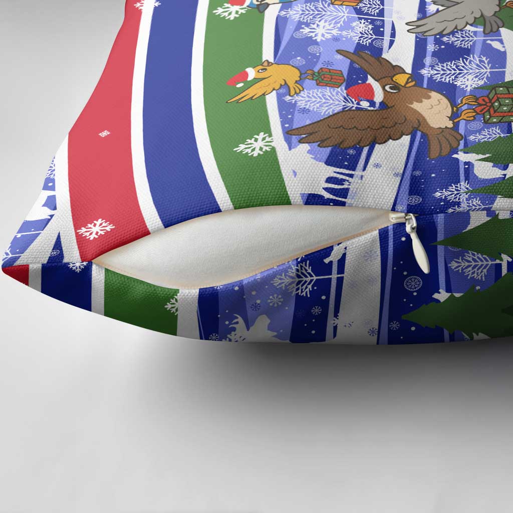 Gambia Christmas Pillow Cover with Santa Birds Gift Boxes Forest Scene and Snowflake Pattern Design - Wonder Print Shop