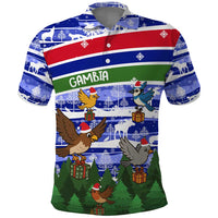 Gambia Christmas Polo Shirt with Santa Birds Gift Boxes Forest Scene and Snowflake Pattern Design - Wonder Print Shop