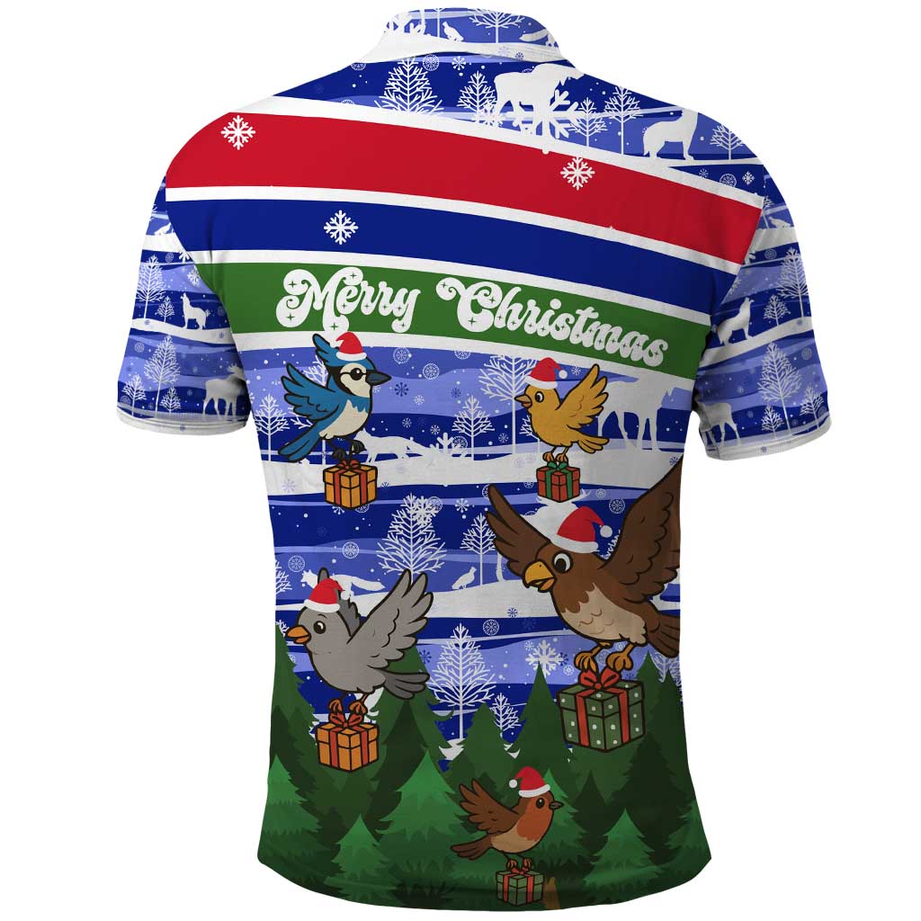 Gambia Christmas Polo Shirt with Santa Birds Gift Boxes Forest Scene and Snowflake Pattern Design - Wonder Print Shop
