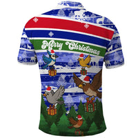 Gambia Christmas Polo Shirt with Santa Birds Gift Boxes Forest Scene and Snowflake Pattern Design - Wonder Print Shop