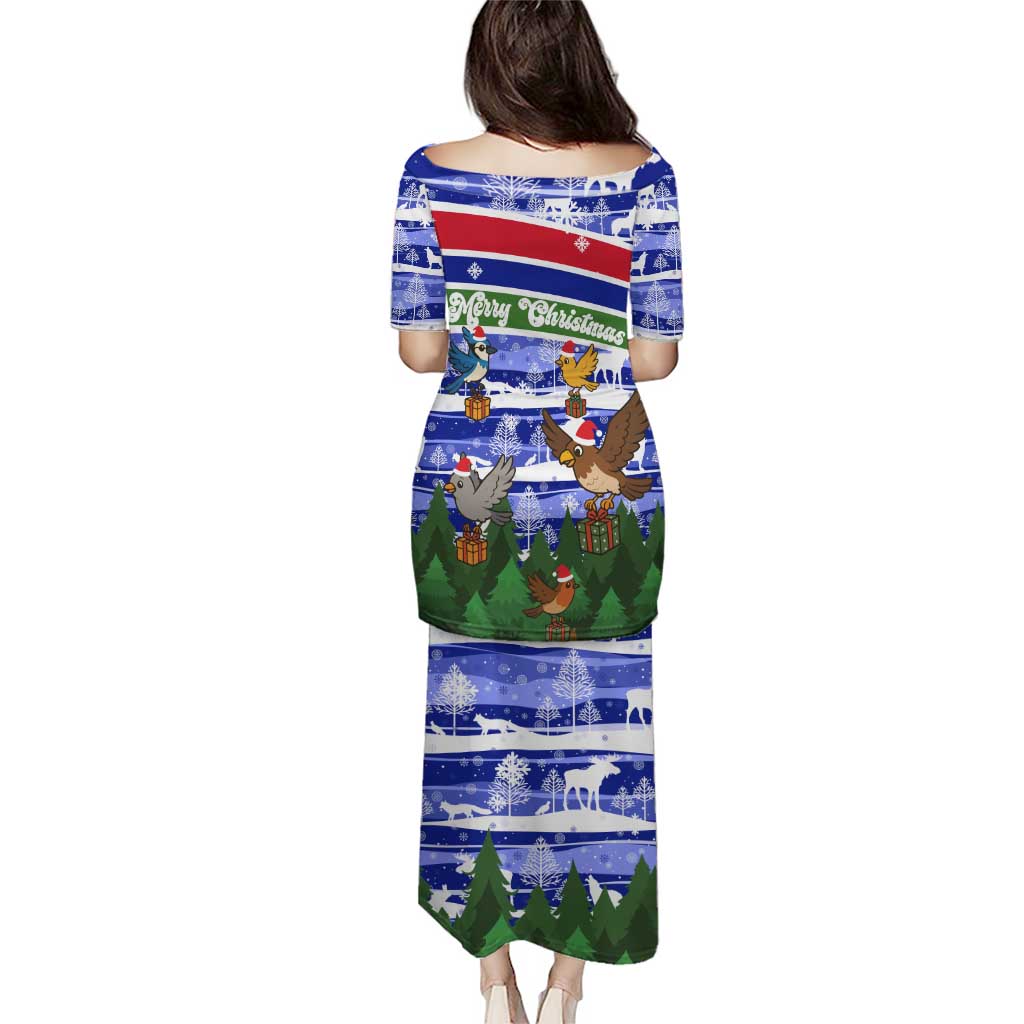 Gambia Christmas Puletasi with Santa Birds Gift Boxes Forest Scene and Snowflake Pattern Design - Wonder Print Shop