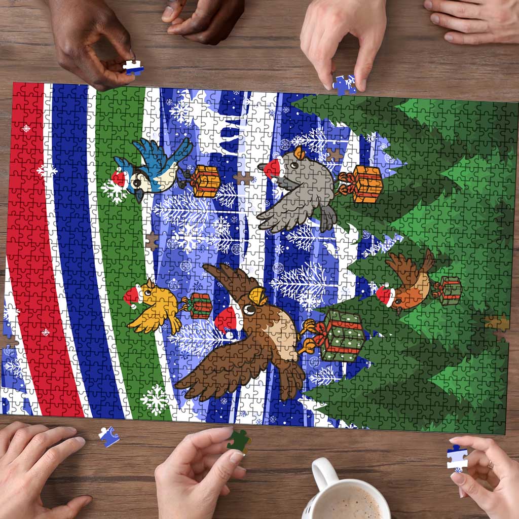 Gambia Christmas Puzzle with Santa Birds Gift Boxes Forest Scene and Snowflake Pattern Design - Wonder Print Shop