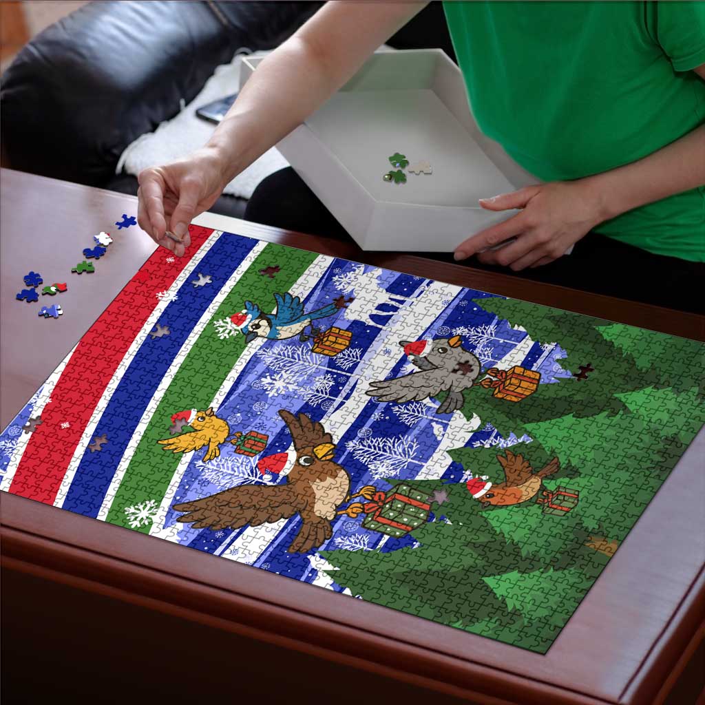 Gambia Christmas Puzzle with Santa Birds Gift Boxes Forest Scene and Snowflake Pattern Design - Wonder Print Shop