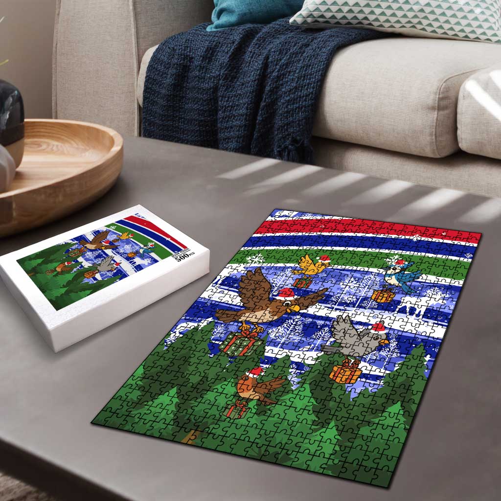 Gambia Christmas Puzzle with Santa Birds Gift Boxes Forest Scene and Snowflake Pattern Design - Wonder Print Shop