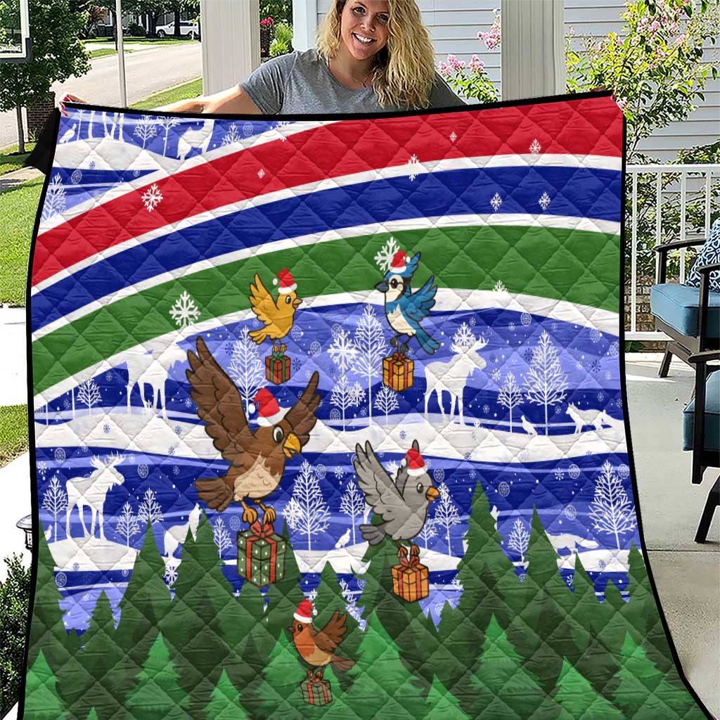 Gambia Christmas Quilt with Santa Birds Gift Boxes Forest Scene and Snowflake Pattern Design - Wonder Print Shop