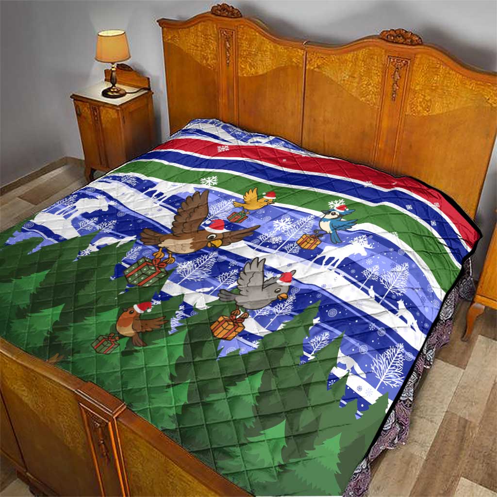 Gambia Christmas Quilt with Santa Birds Gift Boxes Forest Scene and Snowflake Pattern Design - Wonder Print Shop