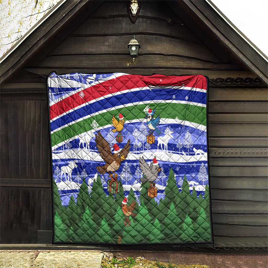 Gambia Christmas Quilt with Santa Birds Gift Boxes Forest Scene and Snowflake Pattern Design - Wonder Print Shop