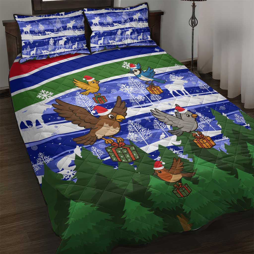 Gambia Christmas Quilt Bed Set with Santa Birds Gift Boxes Forest Scene and Snowflake Pattern Design - Wonder Print Shop