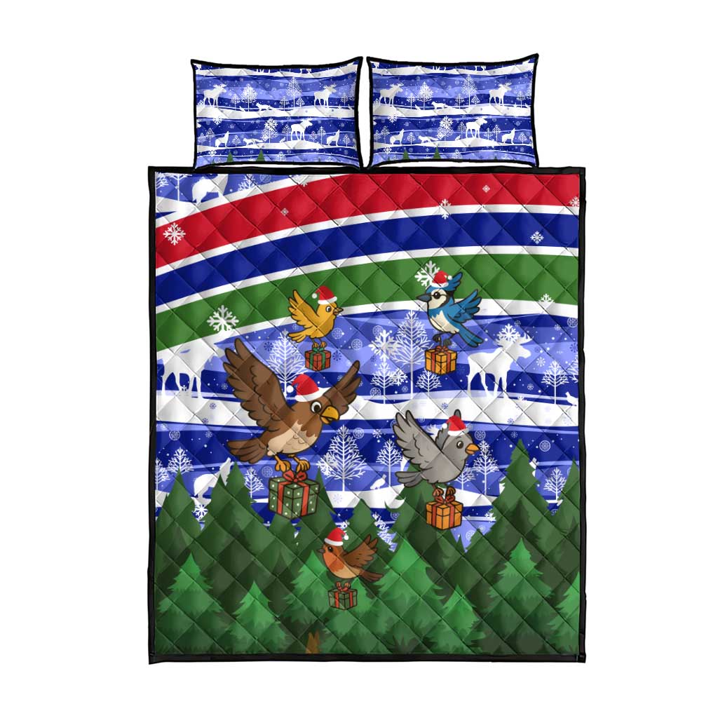 Gambia Christmas Quilt Bed Set with Santa Birds Gift Boxes Forest Scene and Snowflake Pattern Design - Wonder Print Shop