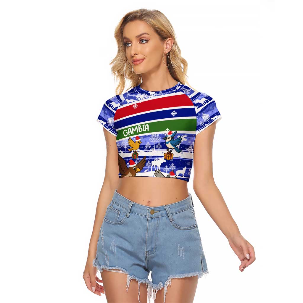 Gambia Christmas Raglan Cropped T Shirt with Santa Birds Gift Boxes Forest Scene and Snowflake Pattern Design - Wonder Print Shop