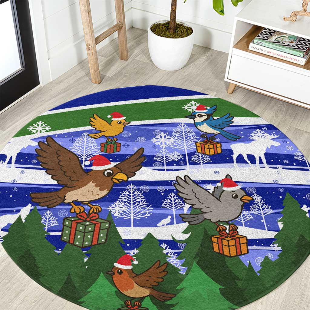 Gambia Christmas Round Carpet with Santa Birds Gift Boxes Forest Scene and Snowflake Pattern Design - Wonder Print Shop