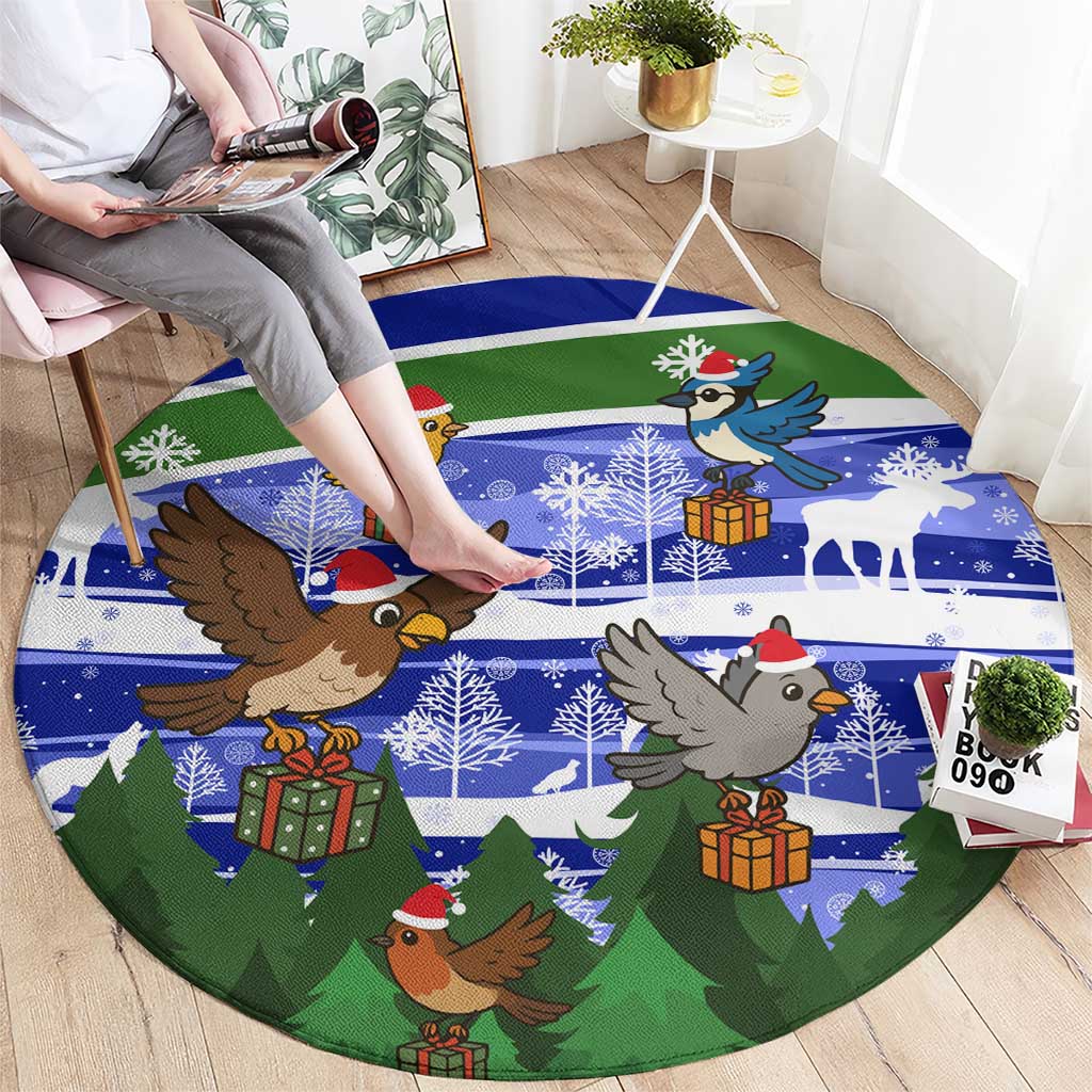 Gambia Christmas Round Carpet with Santa Birds Gift Boxes Forest Scene and Snowflake Pattern Design - Wonder Print Shop