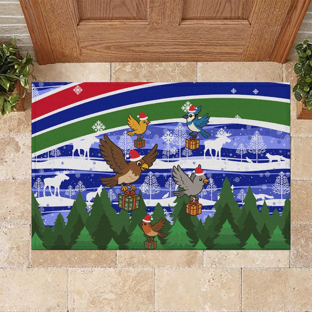 Gambia Christmas Rubber Doormat with Santa Birds Gift Boxes Forest Scene and Snowflake Pattern Design - Wonder Print Shop