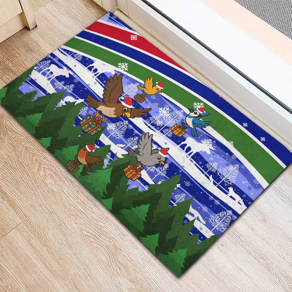 Gambia Christmas Rubber Doormat with Santa Birds Gift Boxes Forest Scene and Snowflake Pattern Design - Wonder Print Shop