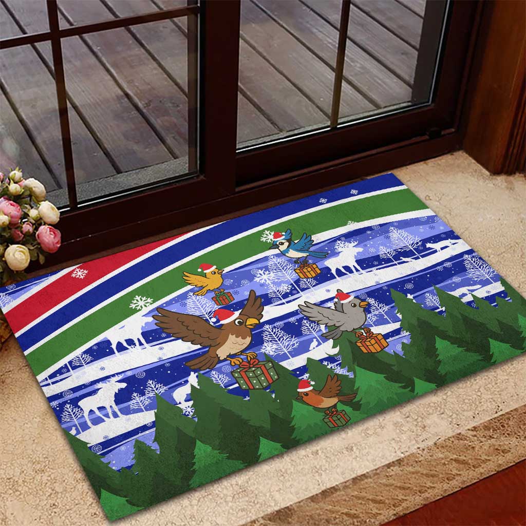 Gambia Christmas Rubber Doormat with Santa Birds Gift Boxes Forest Scene and Snowflake Pattern Design - Wonder Print Shop
