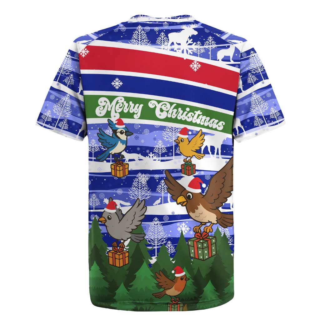 Gambia Christmas Rugby Jersey with Santa Birds Gift Boxes Forest Scene and Snowflake Pattern Design - Wonder Print Shop