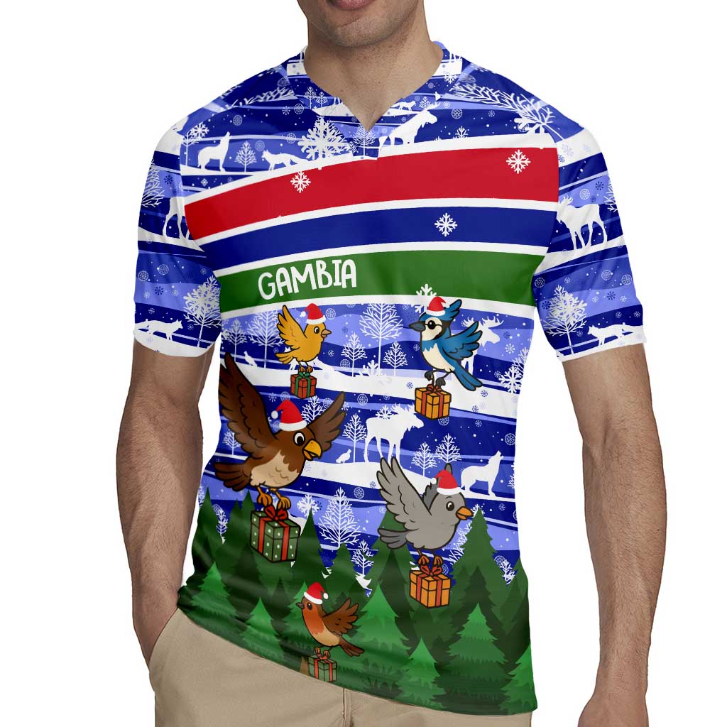 Gambia Christmas Rugby Jersey with Santa Birds Gift Boxes Forest Scene and Snowflake Pattern Design - Wonder Print Shop