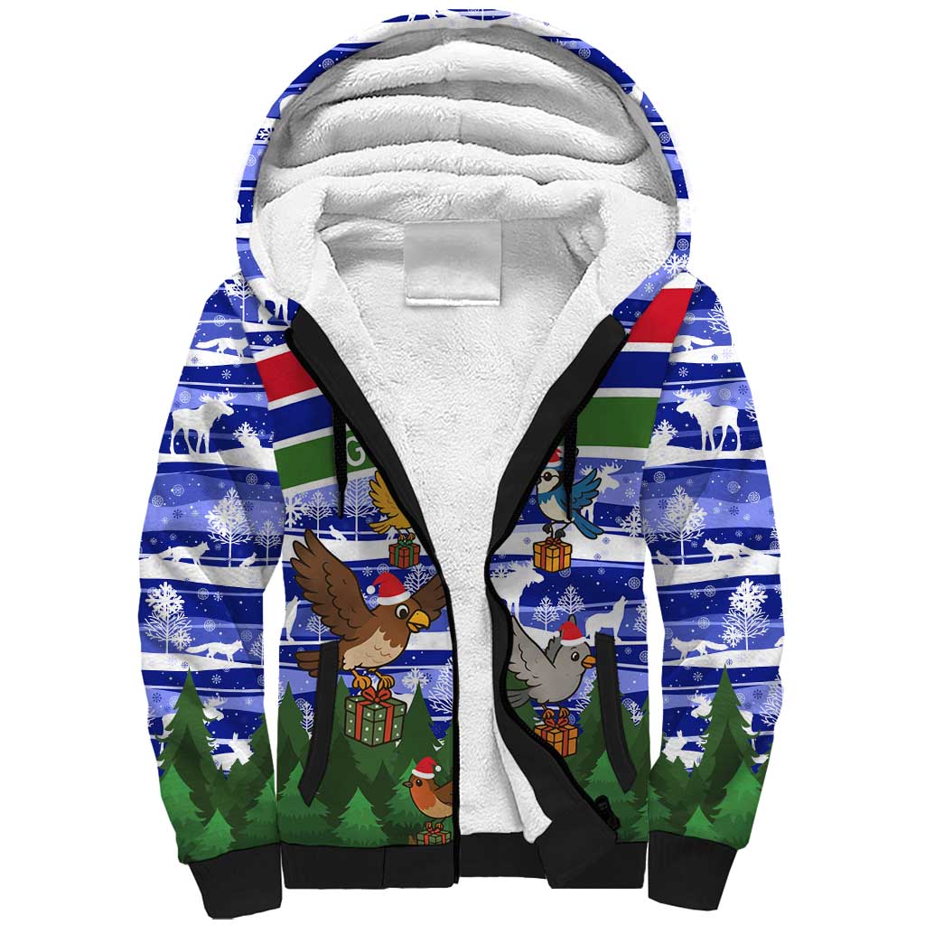 Gambia Christmas Sherpa Hoodie with Santa Birds Gift Boxes Forest Scene and Snowflake Pattern Design - Wonder Print Shop