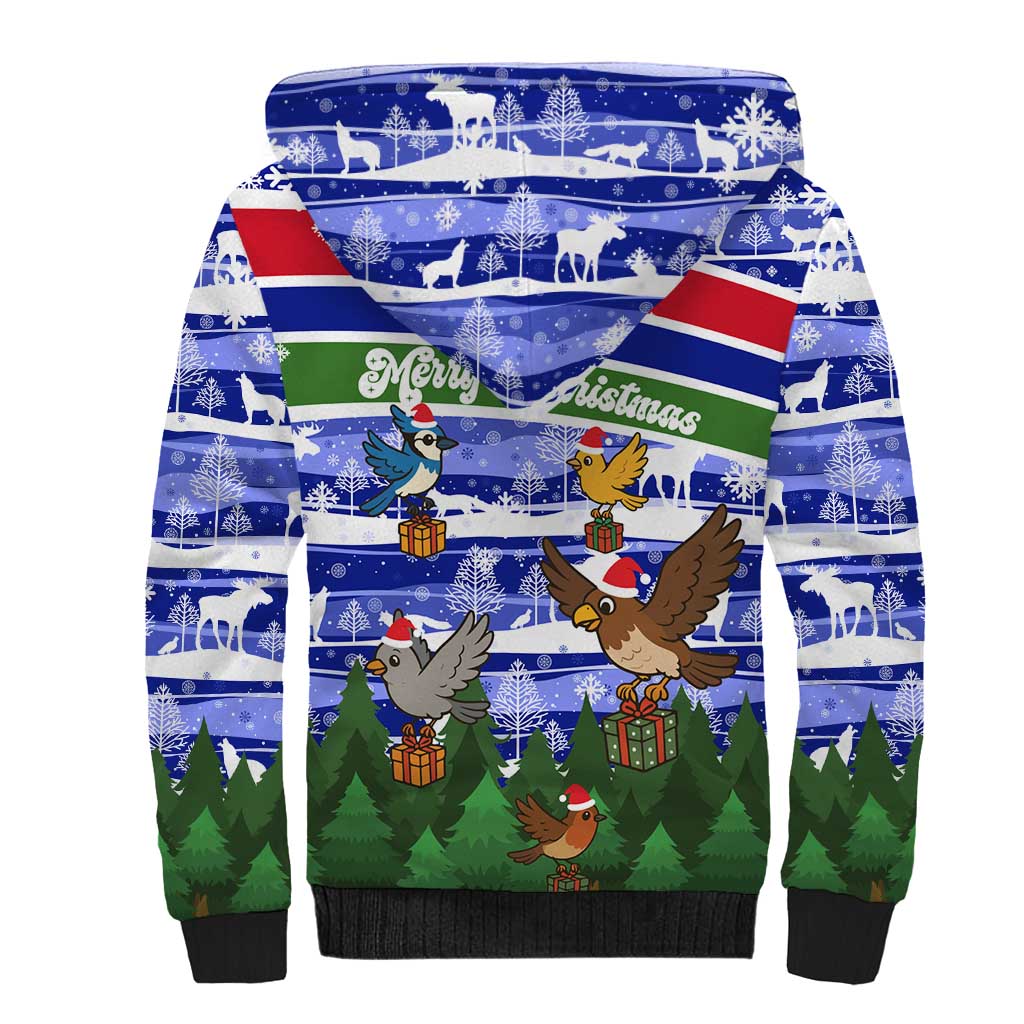 Gambia Christmas Sherpa Hoodie with Santa Birds Gift Boxes Forest Scene and Snowflake Pattern Design - Wonder Print Shop