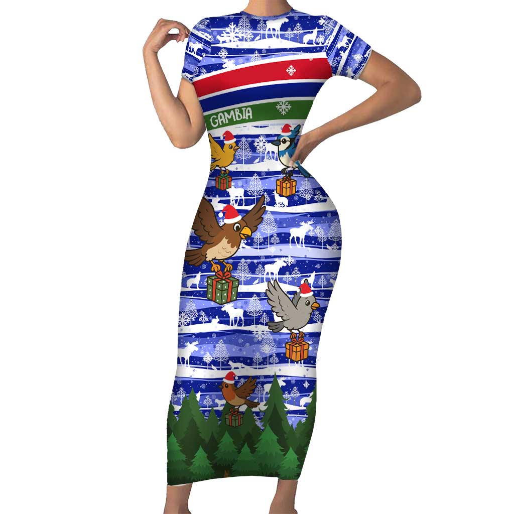 Gambia Christmas Short Sleeve Bodycon Dress with Santa Birds Gift Boxes Forest Scene and Snowflake Pattern Design - Wonder Print Shop