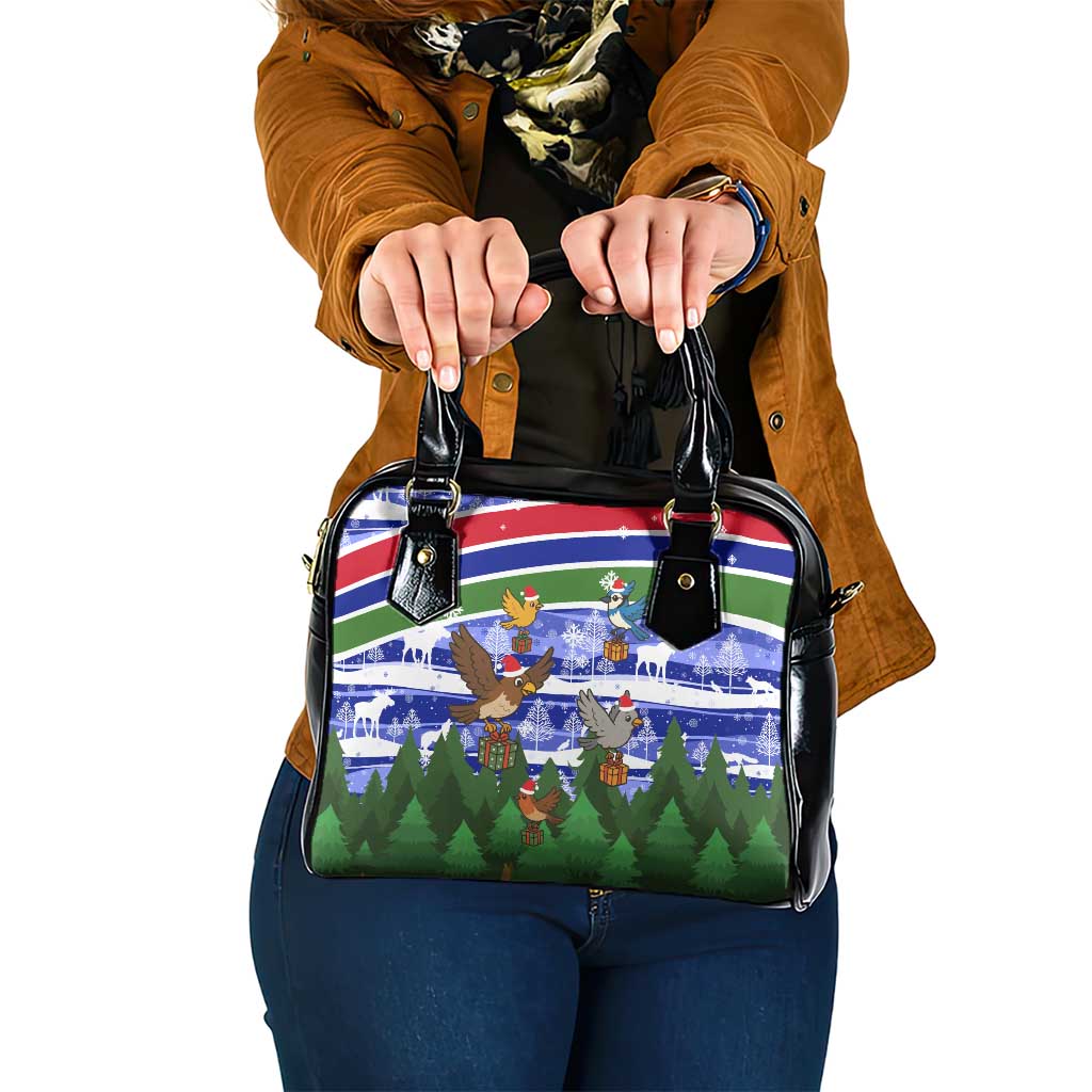 Gambia Christmas Shoulder Handbag with Santa Birds Gift Boxes Forest Scene and Snowflake Pattern Design - Wonder Print Shop